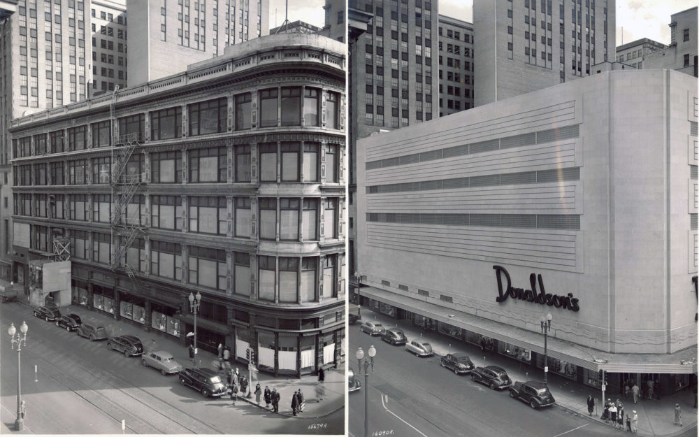 Photo of Donaldson's Department store before and after the facade has been refaced.
