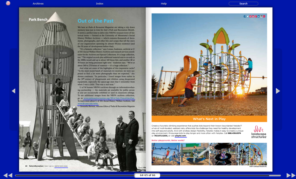Pages 64 and 64 from "Parks and Recreation," the magazine of the National Recreation and Parks Association, showing children climbing on playground equipment crafted to look like a space ship.