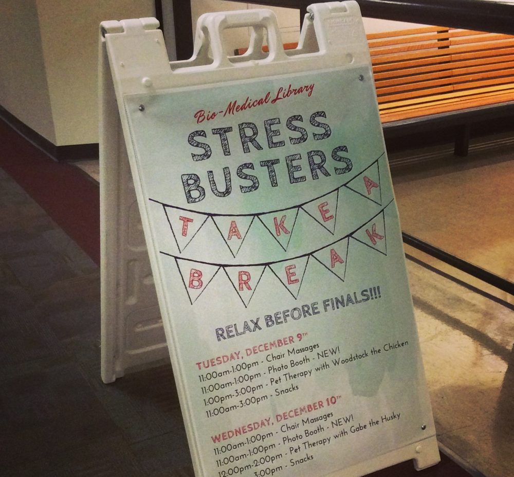 Stress Busters events at the Bio-Medical Library.