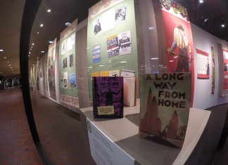 Photo of books and posters from the Bibliophilia exhibit at Hennepin Gallery