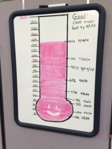 Picture of a thermometer draw from 0 to 1,600, with marks noting the progress of the project, now at 1,256 feet.