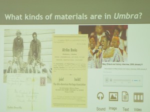 Slide presentation image showing that audio, image, text and video files are included in Umbra's database.
