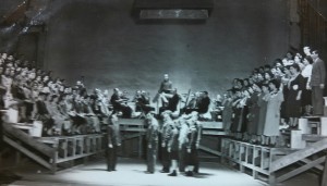 Aaron Copland conducting students of the Henry Street Music School in New York in the world premiere of his opera, “The Second Hurricane,” in April, 1937 at the Grand Street Playhouse.