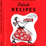 Cover of "Treasured Polish Recipes" with a drawing of a woman holding a tray of steaming food.