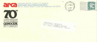 Envelope postmarked 17 April 1985 in Hackensack NJ. The envelope is addressed to Immigrant Archives, U-of-M 826 Berry Street, St. Paul, Minnesota 55114 and was sent by ARCA, the Armenian Rights Council of America (written in English and Armenian), 468 Mt. Auburn Street PO Box 302 Watertown MA 002272. There is a logo for ARCA in the upper left-hand corner which reads “70th anniversary of the Armenian Genocide by Turkey”