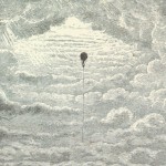 Black and white drawing of clouds with caption, "Balloon approaching the clouds."