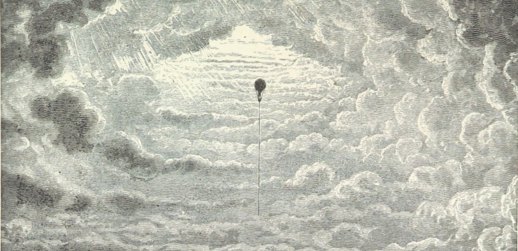 Black and white drawing of clouds with balloon rising upward.