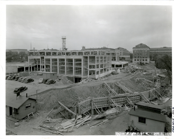 Coffman Memorial Union construction, view of west façade, 1939. Available at http://purl.umn.edu/166512.