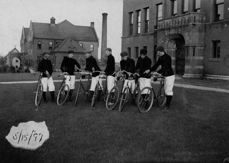 Bicyclists in front of Drill Hall, Dairy Hall in background, 1897. Available at http://purl.umn.edu/71623
