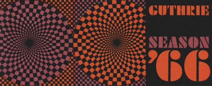 A psychedelic promotional sticker for the 1966 season, with orange, black and pink squares in a swirl patern.