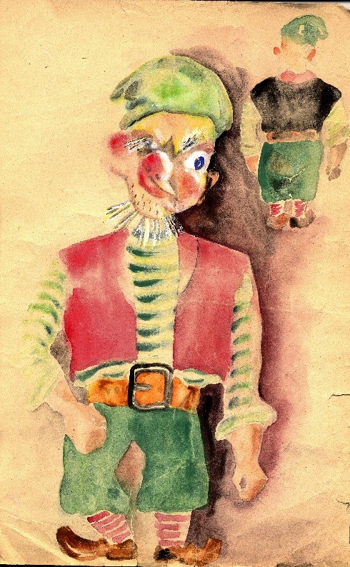 Sketch of a character from Oskar Seliaru’s original puppet production, See oli unenägu. The sketch shows the front of the puppet, which has a distorted face and wears a red vest with a green hat and green gaucho pants. The back of the puppet is included in the upper right hand corner of the drawing. The puppet has bushy white eyebrows and a scruffy beard. The drawing was created in the Augsburg (Germany) Displaced Persons Camp, circa 1946.