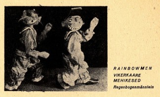 Image reproduced from a program for the Eesti Draamateater: Nukuteater, printed circa 1941 in Tallinn, Estonia. There is a block of Estonian text and a picture of a puppet production. The picture features several puppets, both human and animal, in front of a wooded backdrop.