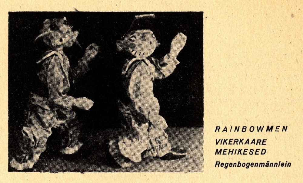 Sketch of a character from Oskar Seliaru’s original puppet production, See oli unenägu. The sketch shows the front of the puppet, which has a distorted face and wears a red vest with a green hat and green gaucho pants. The back of the puppet is included in the upper right hand corner of the drawing. The puppet has bushy white eyebrows and a scruffy beard. The drawing was created in the Augsburg (Germany) Displaced Persons Camp, circa 1946.