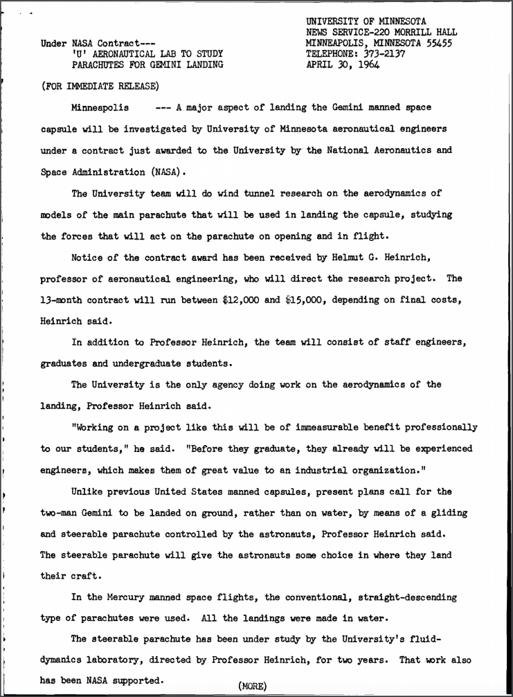 Press release, "'U' Aeronautical Lab to Study Parachutes for Gemini Landing," April 30, 1964. Available at http://hdl.handle.net/11299/51773.
