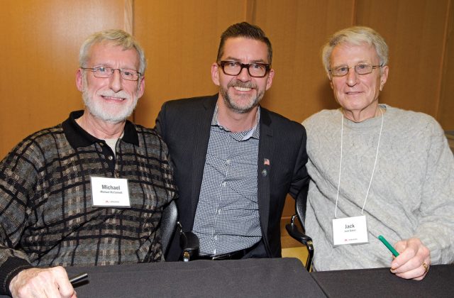 Michael McConnell and Jack Baker shared their story about their 1971 wedding. Pictured with Sen. Scott Dibble of the Minnesota Legislature.
