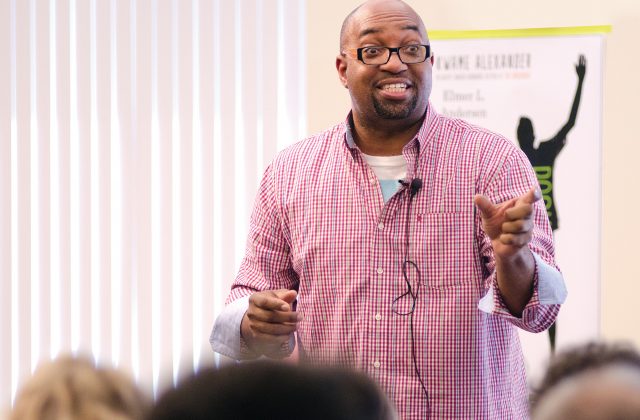 Newbery Medalist Kwame Alexander launched ‘Booked’ Elmer L. Andersen Library.