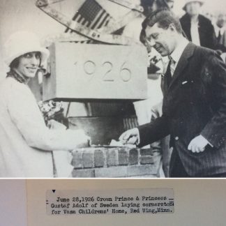 A photograph showing the Crown Prince Gustave Adolf of Sweden and the Crown Princess of Sweden (Louise Mountbatten) laying the cornerstone of the Vasa Children's Home in June, 1926. Lutheran Social Service of Minnesota records.