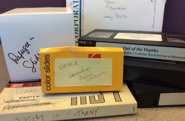 Various formats in the Lutheran Social Services records including VHS video tapes, glass negatives and 3M reel to reel tape