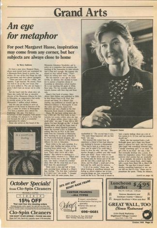 Feature article from the October 1988 edition of Grand Gazette (St. Paul, MN) about Margaret Hasse and her book In a Sheep’s Eye, Darling, published earlier that year.