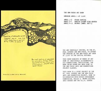 Left: Invitation to the “Poetry in Cellblock A” reading at the Stillwater Penitentiary. Right: Invitation to the “New Focus Art Show” starting at the State Capital and ending at the Skyway.