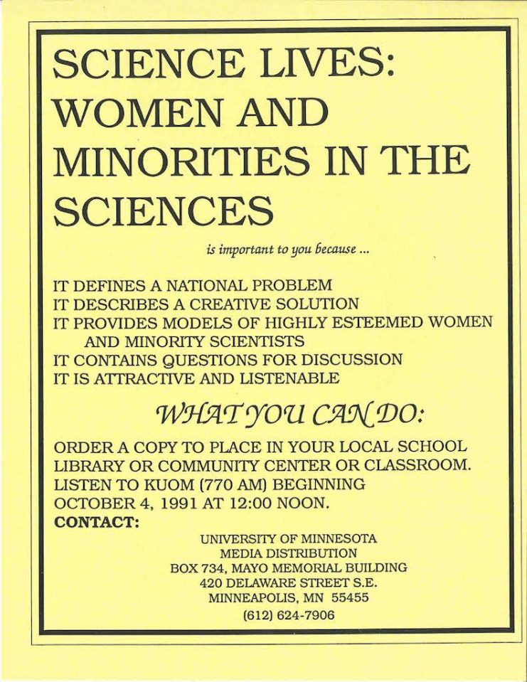 Brochure advertising Science Lives: Women and Minorities in the Sciences, encouraging schools to order the cassette package, undated.