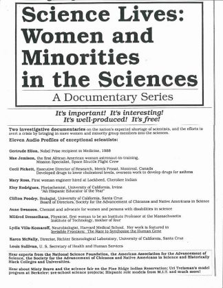 Brochure advertising Science Lives: Women and Minorities in the Sciences, detailing the contents of each program