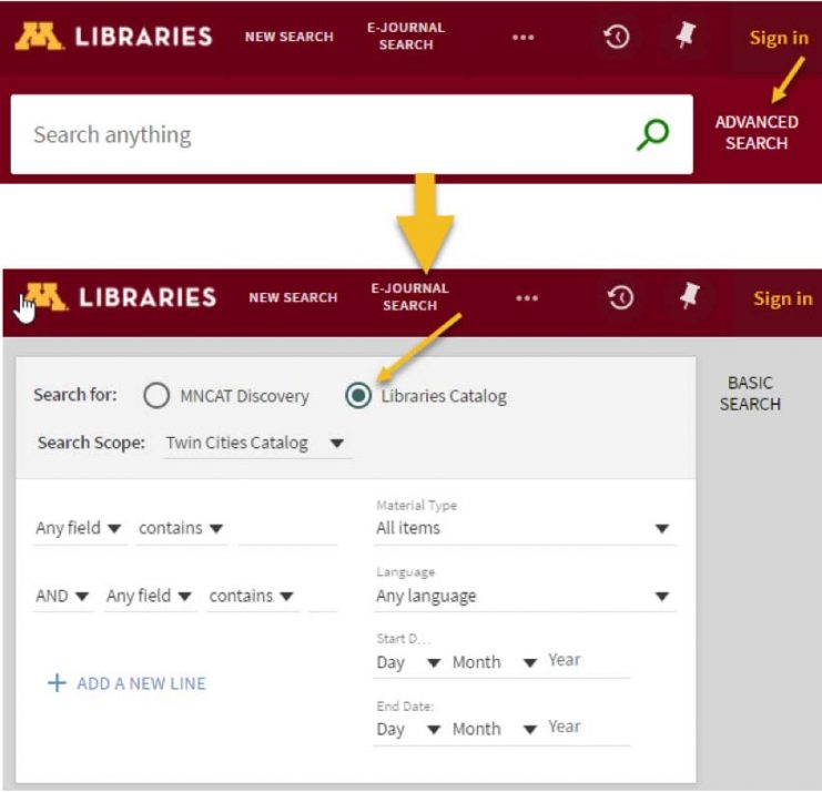 Screen image of Libraries search and choosing catalog