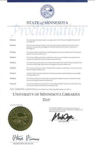 Governor Mark Dayton's State of Minnesota Proclamation declaring July 17, 2017 as University of Minnesota Libraries Day in Minnesota