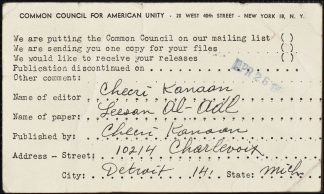 Common Council For American Unity mailing list receipt from the Immigration History Research Center Archives, University of Minnesota Libraries