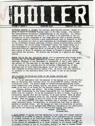 Holler, 1965-1966, newsletter for Frontier Hall residents with building updates, opinions, challenges and boasts between floors (or houses), and cartoons