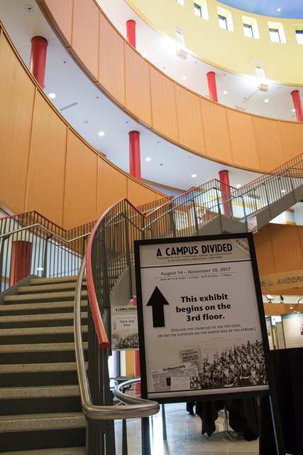 View of the Exhibit Welcome sign and the steps at Andersen Library.