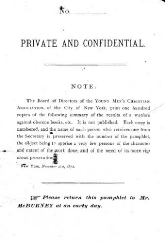 Front page of a pamphlet produced in 1872 by the YMCA with a “summary of the results of a warfare against obscene books, etc.”
