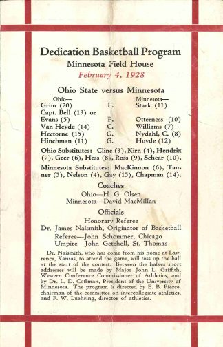 The Field House was dedicated February 4, 1928. In an unfortunate turn, the Gopher men’s basketball team lost to the Buckeyes 40-42 in double overtime.