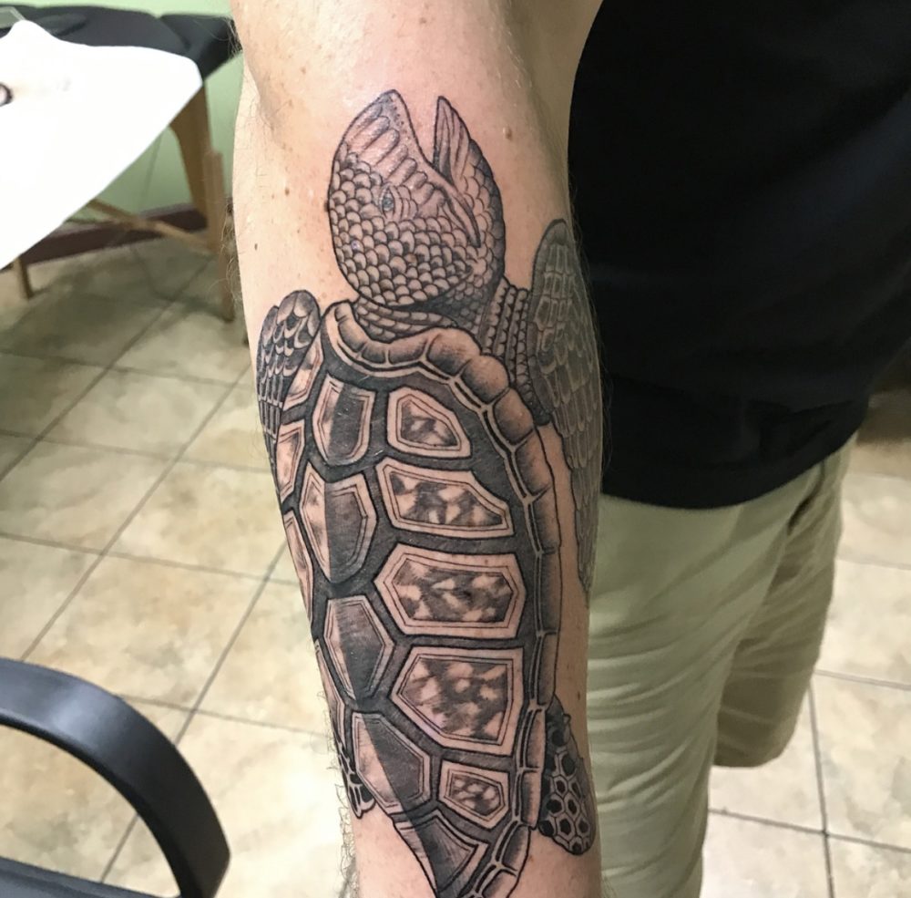 Jason Herbert with his turtle tattoo.