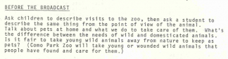 "Before the Broadcast" portion from the teacher's manual for the program Look What We Found, 1978. It asks, "Is it fair to take young wild animals away from nature to keep as pets?"