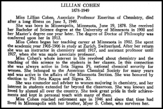 University of Minnesota Senate memorial statement regarding the death of Professor Lillian Cohen in 1949.