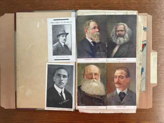 Image of Caselli’s scrapbook, showing Matteotti alongside Engels, Marx, and Kropotkine, from the Immigration History Research Center Archives, Caselli Papers.