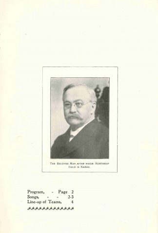 Inside page of Northrop Field Dedication program featuring a photo of Cyrus Northrop (University President 1884-1911).