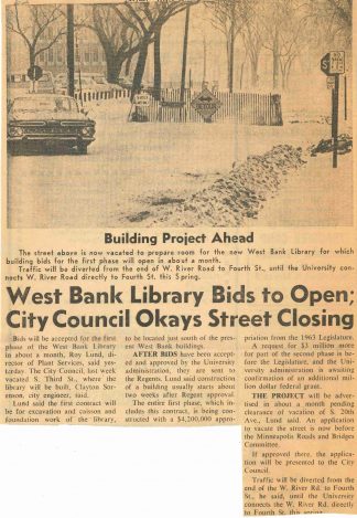 "West Bank Library Bids to Open; City Council Okays Street Closing," Minnesota Daily, March 2, 1965.