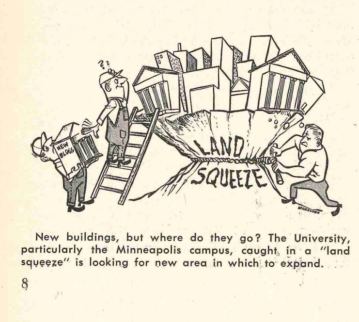 Illustration from December 1956 Gopher Grad article titled “Campus 1970” outlining the University’s needs – housing, academic facilities, services, etc. – for the predicted 42,000 students coming to the Twin Cities campus. http://hdl.handle.net/11299/52423