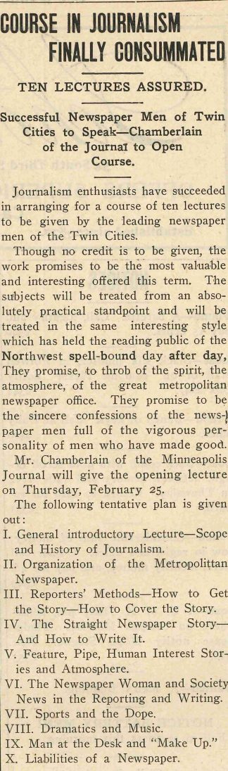 Minnesota Daily article, "Course in Journalism Finally Consummated," February 17, 1909.