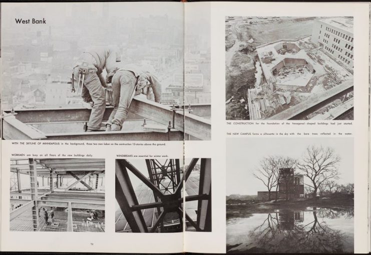 1962 Gopher yearbook, http://purl.umn.edu/134867 depicting pictures of West Bank construction.
