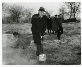 Ground breaking for the West Bank campus was held January 4, 1961. Pictured here is University President O. Meredith Wilson turning over the first shovel of dirt. http://purl.umn.edu/225059