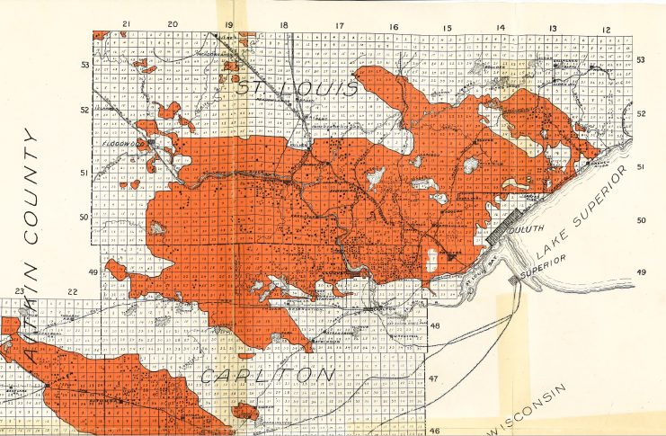 Detailed map of fire affected areas for Aitkin, Carlton, and St. Louis counties in Minnesota. Source: Walter I. Fisher, “Report on Minnesota Forest Fire of October 12, 1918,” Minneapolis, Minn. : General Inspection Company, 1919.