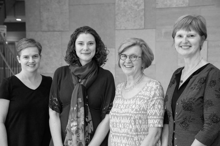 Associate Librarian Lisa McGuire, Assistant Librarian and 2018 Staff Development Award winner Caitlin Bakker, Friends of the Libraries President Margaret Telfer, and Janice Jaguszewski, Associate University Librarian and Director of the Health Sciences Libraries.