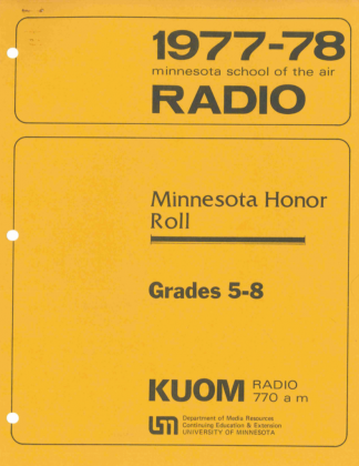 KUOM's Minnesota School of the Air "Minnesota Honor Roll" program teacher handbook for grades 5-8.