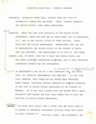 KUOM's Minnesota School of the Air "Minnesota Honor Roll" transcript page for radio program on Eugenie Anderson.