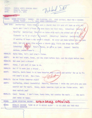 Edited script for Mahalia Jackson episode for program "People Worth Hearing About," 1970.