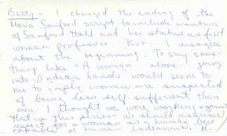 Handwritten note from KUOM producer Michele Cairns to program manager Betty Girling regarding the Maria Sanford script.