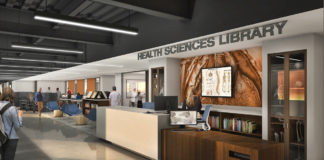 Rendering of the new Health Sciences Library entryway.